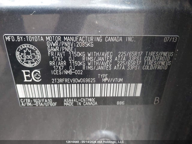 12610448 :رقم المزاد ، 2T3RFREV9DW069625 vin ، 2013 Toyota Rav4 Xle مزاد بيع