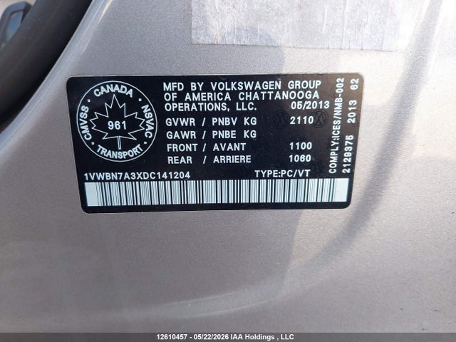 12610457 :رقم المزاد ، 1VWBN7A3XDC141204 vin ، 2013 Volkswagen Passat Se مزاد بيع
