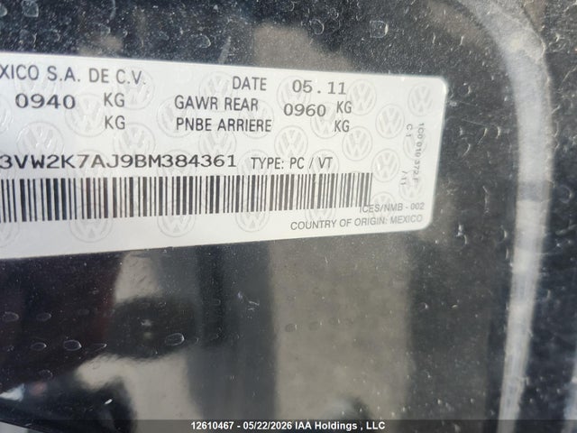 Продажа на аукционе авто 2011 Volkswagen Jetta S, vin: 3VW2K7AJ9BM384361, номер лота: 12610467