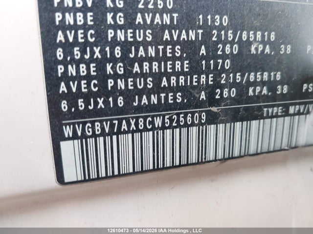 Aukcja sprzedaży 2012 Volkswagen Tiguan S/se/sel, vin: WVGBV7AX8CW525609, numer aukcji: 12610473