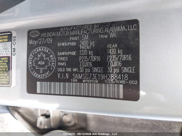 Продажа на аукционе авто 2009 Hyundai Santa Fe Gl, vin: 5NMSG73E19H288418, номер лота: 12610476