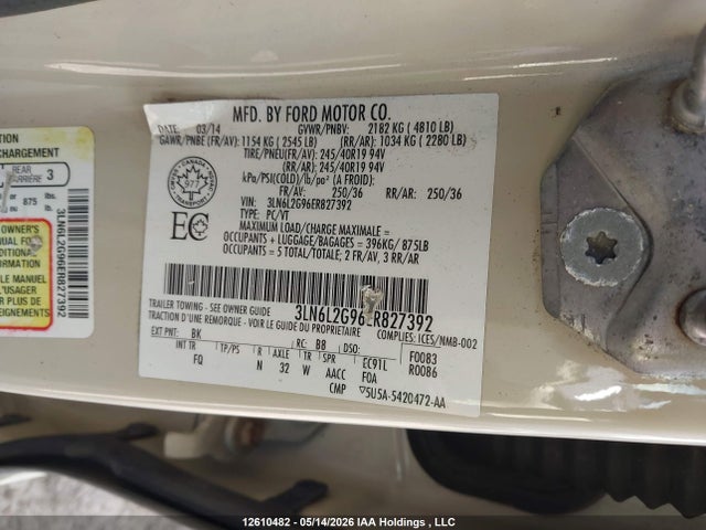 12610482 :رقم المزاد ، 3LN6L2G96ER827392 vin ، 2014 Lincoln Mkz مزاد بيع