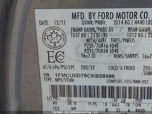 Продажа на аукционе авто 2012 Ford Escape Xlt, vin: 1FMCU0D78CKB58986, номер лота: 12610485