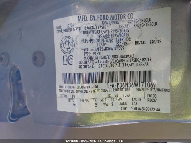 Продажа на аукционе авто 2006 Ford Focus Zxw, vin: 1FAFP36N36W171069, номер лота: 12610490
