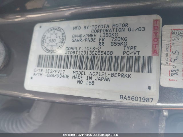 12610494 :رقم المزاد ، JTDBT123130285468 vin ، 2003 Toyota Echo مزاد بيع