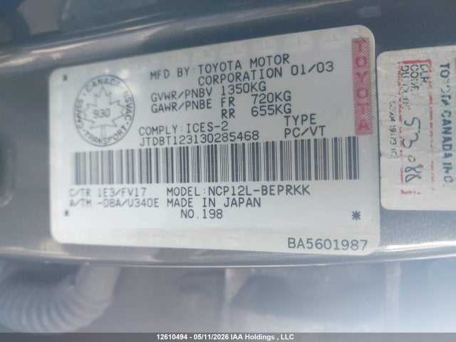 12610494 :رقم المزاد ، JTDBT123130285468 vin ، 2003 Toyota Echo مزاد بيع