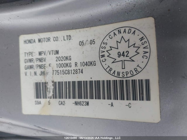 Aukcja sprzedaży 2005 Honda Cr-v, vin: JHLRD77515C812874, numer aukcji: 12610498