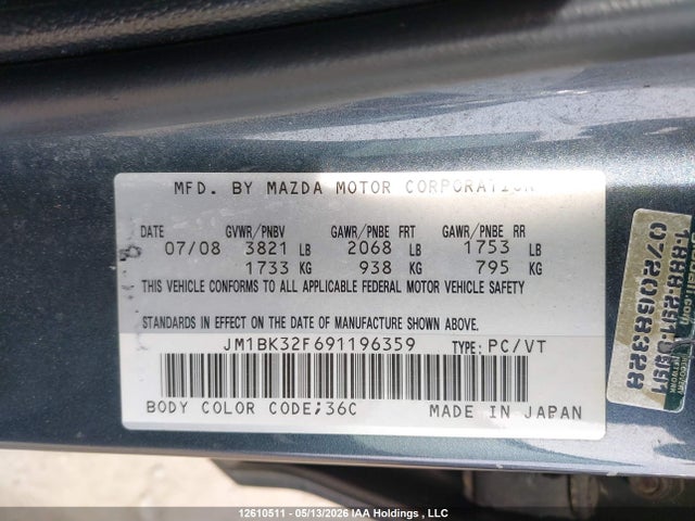 12610511 :رقم المزاد ، JM1BK32F691196359 vin ، 2009 Mazda 3 I مزاد بيع