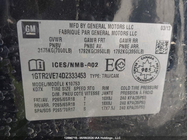 12596718 :رقم المزاد ، 1GTR2VE74DZ333453 vin ، 2013 Gmc Sierra 1500 Sle مزاد بيع