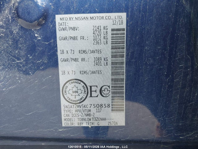 5N1AT2MV5KC750858 Nissan Rogue S/sl/sv