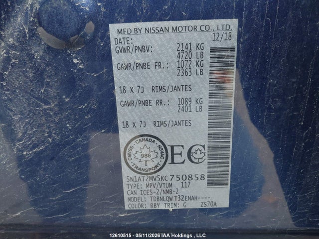 5N1AT2MV5KC750858 Nissan Rogue S/sl/sv