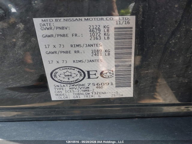 5N1AT2MV0HC756091 Nissan Rogue Sv/sl