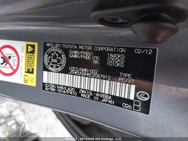 Aukcja sprzedaży 2012 Lexus Ct 200h, vin: JTHKD5BH8C2087912, numer aukcji: 12610517