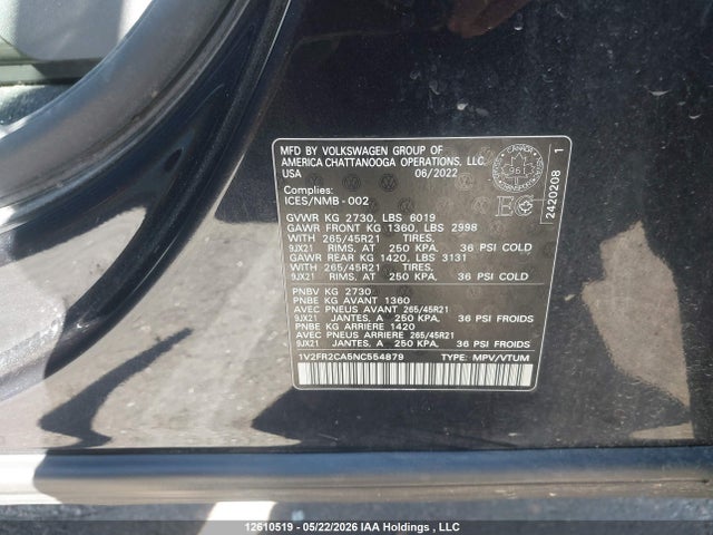 Aukcja sprzedaży 2022 Volkswagen Atlas 3.6 Fsi Execline, vin: 1V2FR2CA5NC554879, numer aukcji: 12610519