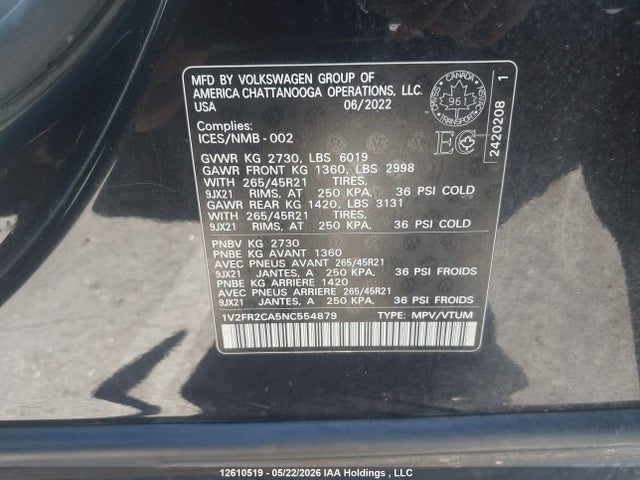 Aukcja sprzedaży 2022 Volkswagen Atlas 3.6 Fsi Execline, vin: 1V2FR2CA5NC554879, numer aukcji: 12610519