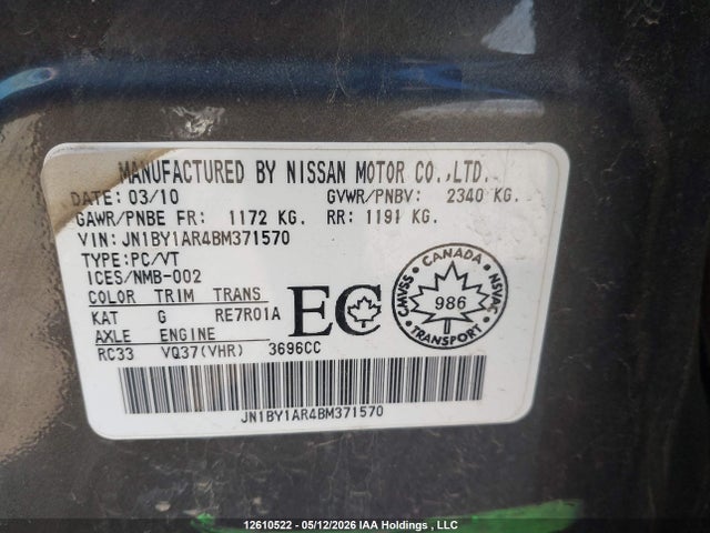 12610522 :رقم المزاد ، JN1BY1AR4BM371570 vin ، 2011 Infiniti M37x مزاد بيع