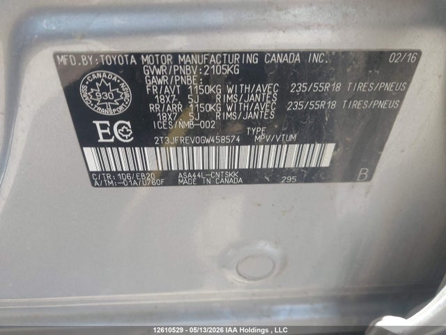 12610529 :رقم المزاد ، 2T3JFREV0GW458574 vin ، 2016 Toyota Rav4 Se مزاد بيع