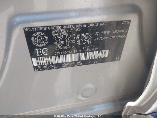 12610529 :رقم المزاد ، 2T3JFREV0GW458574 vin ، 2016 Toyota Rav4 Se مزاد بيع
