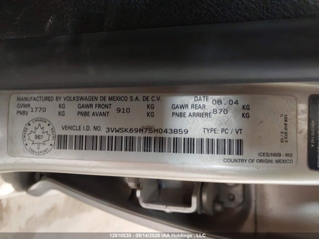 2005 Volkswagen Jetta Gls 2.0l მანქანა იყიდება აუქციონზე, vin: 3VWSK69M75M043859, აუქციონის ნომერი: 12610530