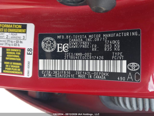 12610534 :رقم المزاد ، 2T1BU4EE0CC917426 vin ، 2012 Toyota Corolla Ce مزاد بيع