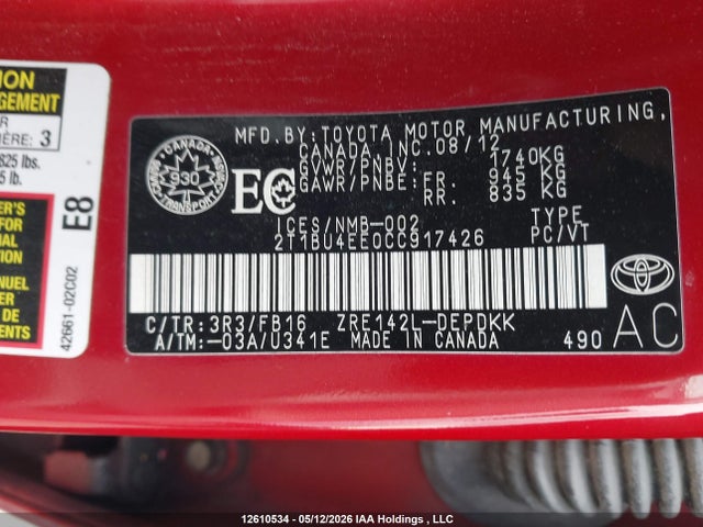 12610534 :رقم المزاد ، 2T1BU4EE0CC917426 vin ، 2012 Toyota Corolla Ce مزاد بيع