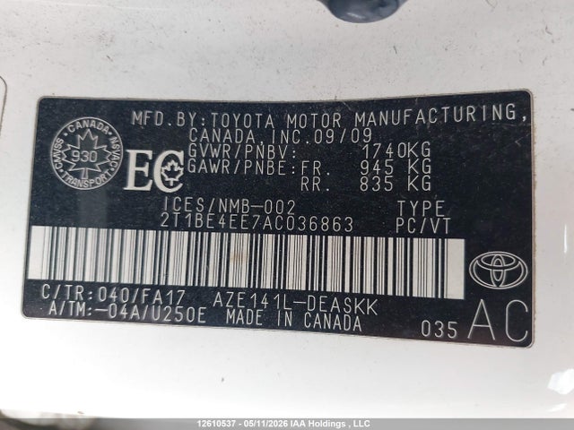 2010 Toyota Corolla მანქანა იყიდება აუქციონზე, vin: 2T1BE4EE7AC036863, აუქციონის ნომერი: 12610537