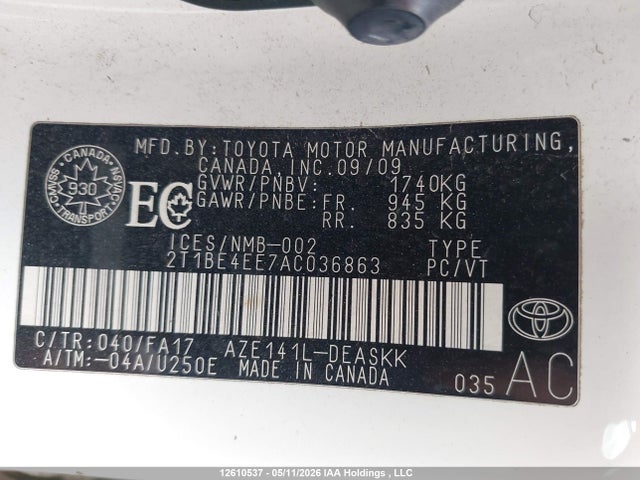 2010 Toyota Corolla მანქანა იყიდება აუქციონზე, vin: 2T1BE4EE7AC036863, აუქციონის ნომერი: 12610537