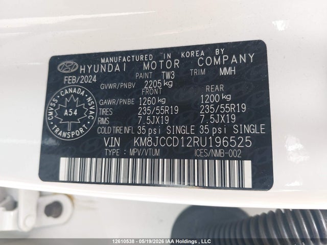 12610538 :رقم المزاد ، KM8JCCD12RU196525 vin ، 2024 Hyundai Tucson Ultimate Awd مزاد بيع