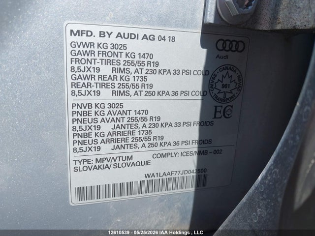 Aukcja sprzedaży 2018 Audi Q7 Premium Plus, vin: WA1LAAF77JD042500, numer aukcji: 12610539