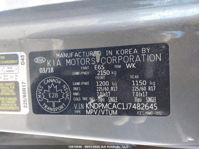 12610546 :رقم المزاد ، KNDPMCAC1J7482645 vin ، 2018 Kia Sportage Lx مزاد بيع
