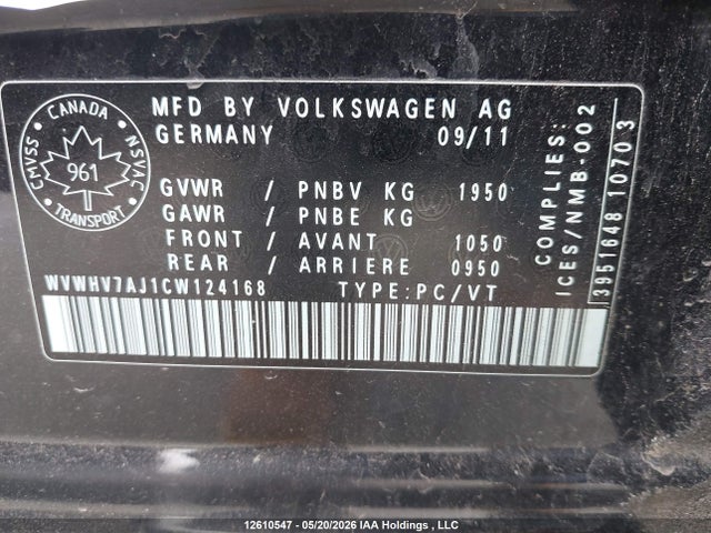2012 Volkswagen Gti მანქანა იყიდება აუქციონზე, vin: WVWHV7AJ1CW124168, აუქციონის ნომერი: 12610547