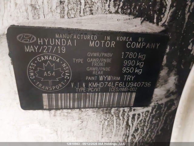 12610563 :رقم المزاد ، KMHD74LF6LU940736 vin ، 2020 Hyundai Elantra Se مزاد بيع