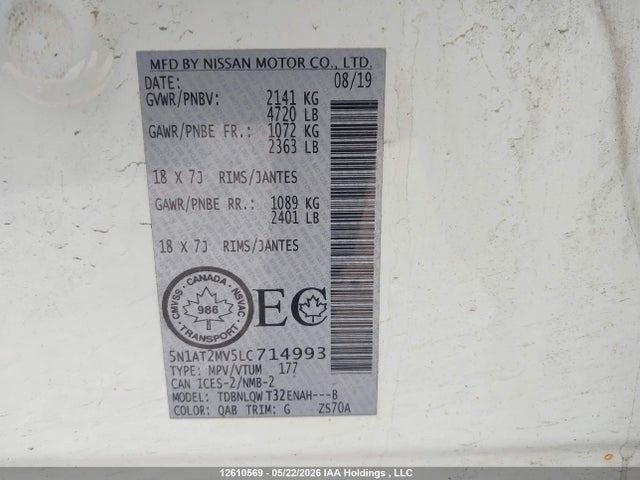 12610569 :رقم المزاد ، 5N1AT2MV5LC714993 vin ، 2020 Nissan Rogue مزاد بيع
