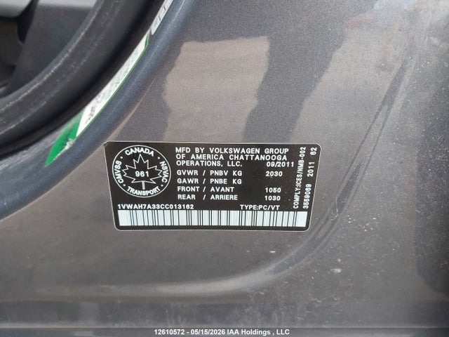 Aukcja sprzedaży 2012 Volkswagen Passat, vin: 1VWAH7A33CC013162, numer aukcji: 12610572