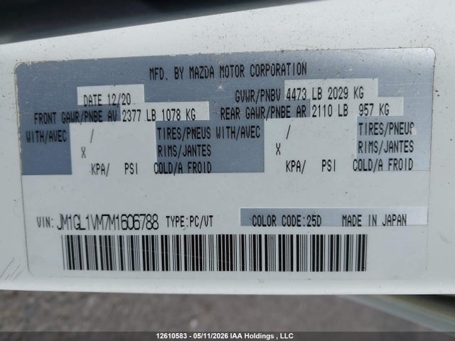 2021 Mazda Mazda6 მანქანა იყიდება აუქციონზე, vin: JM1GL1VM7M1606788, აუქციონის ნომერი: 12610583