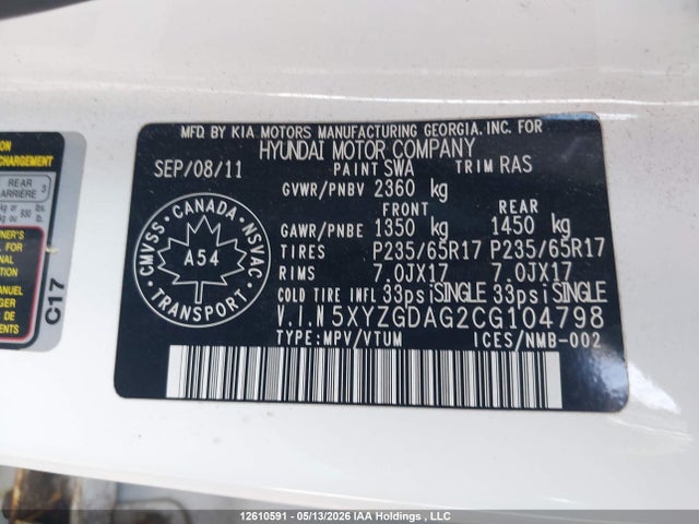 Продажа на аукционе авто 2012 Hyundai Santa Fe, vin: 5XYZGDAG2CG104798, номер лота: 12610591
