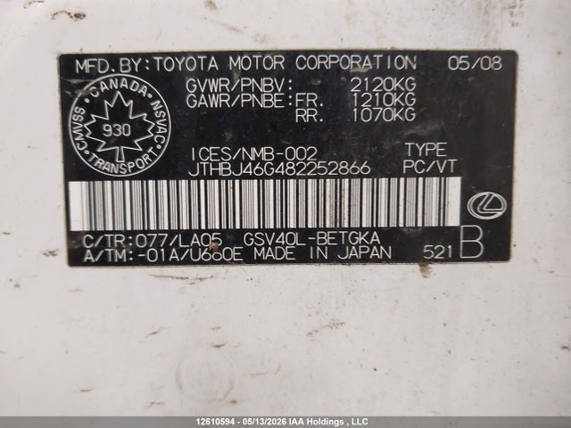 Продажа на аукционе авто 2008 Lexus Es350, vin: JTHBJ46G482252866, номер лота: 12610594
