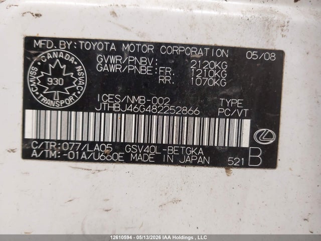 Продажа на аукционе авто 2008 Lexus Es350, vin: JTHBJ46G482252866, номер лота: 12610594