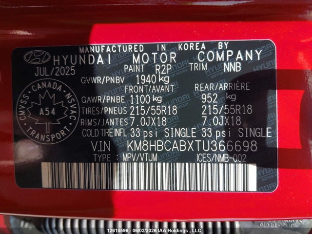 12610596 :رقم المزاد ، KM8HBCABXTU366698 vin ، 2026 Hyundai Kona Preferred Awd مزاد بيع