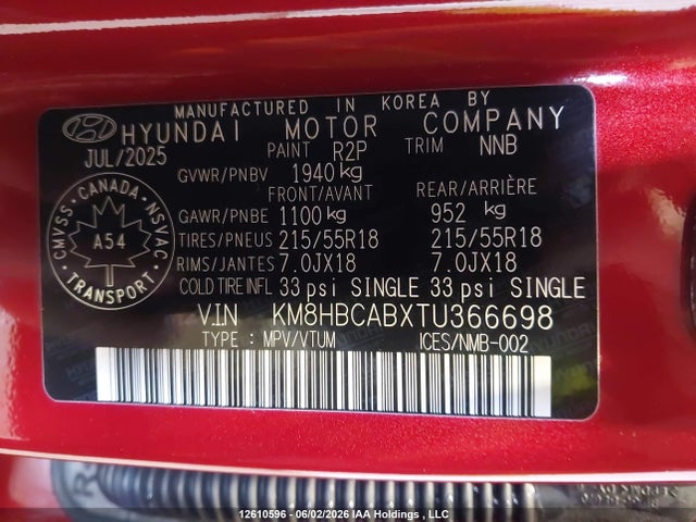 12610596 :رقم المزاد ، KM8HBCABXTU366698 vin ، 2026 Hyundai Kona Preferred Awd مزاد بيع