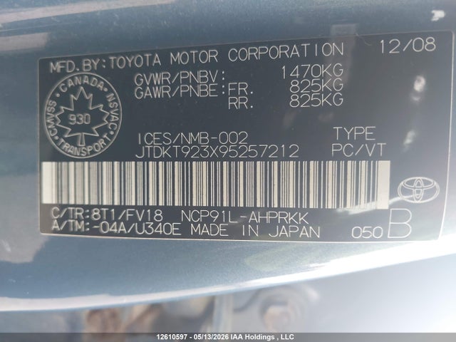 Auction sale of the 2009 Toyota Yaris, vin: JTDKT923X95257212, lot number: 12610597