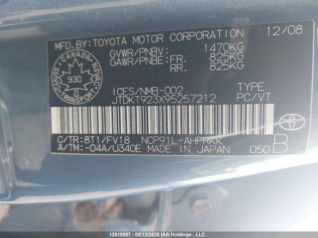 Auction sale of the 2009 Toyota Yaris, vin: JTDKT923X95257212, lot number: 12610597