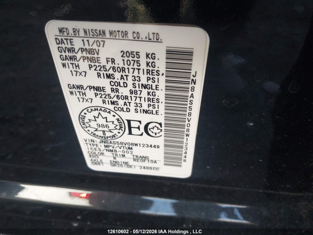 Aukcja sprzedaży 2008 Nissan Rogue Sl, vin: JN8AS58V08W123449, numer aukcji: 12610602