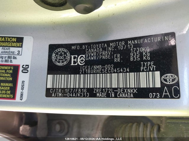12610621 :رقم المزاد ، 2T1BURHE5EC045434 vin ، 2014 Toyota Corolla L/le/le Pls/prm/s/s Pls مزاد بيع