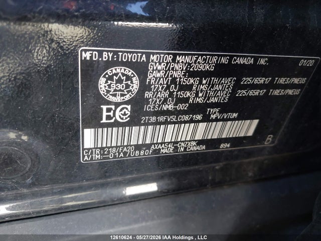 2020 Toyota Rav4 Le მანქანა იყიდება აუქციონზე, vin: 2T3B1RFV5LC087196, აუქციონის ნომერი: 12610624