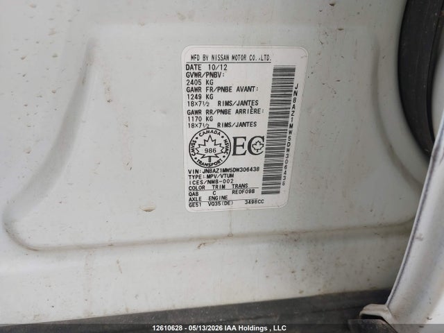 Продажа на аукционе авто 2013 Nissan Murano Sv, vin: JN8AZ1MW5DW306438, номер лота: 12610628