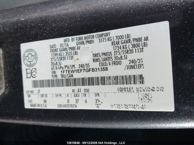 Продажа на аукционе авто 2016 Ford F-150 Platinum, vin: 1FTEW1EF7GFB31358, номер лота: 12610646
