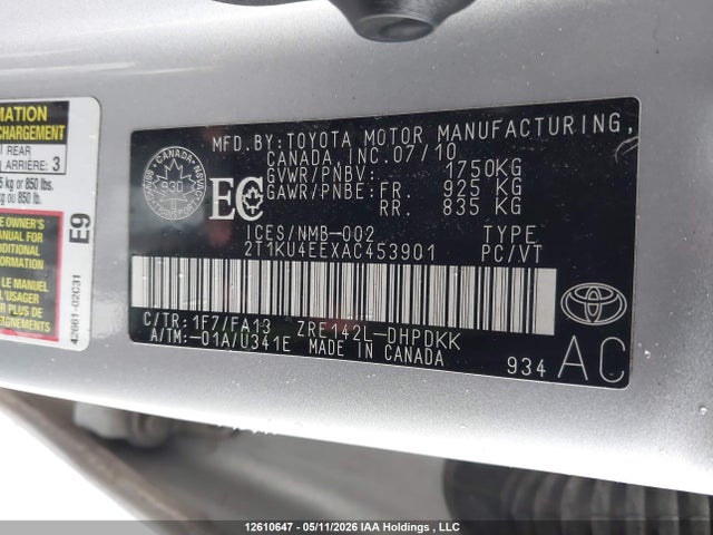 12610647 :رقم المزاد ، 2T1KU4EEXAC453901 vin ، 2010 Toyota Matrix مزاد بيع