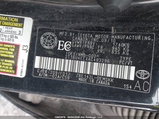2010 Toyota Corolla S მანქანა იყიდება აუქციონზე, vin: 2T1BU4EEXAC493296, აუქციონის ნომერი: 12602876