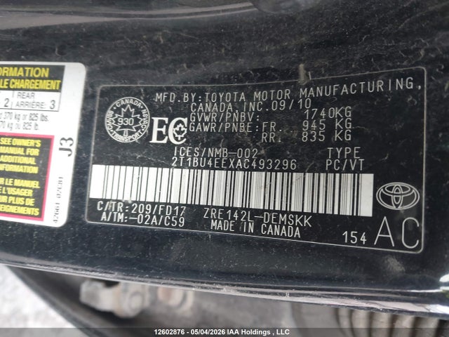2010 Toyota Corolla S მანქანა იყიდება აუქციონზე, vin: 2T1BU4EEXAC493296, აუქციონის ნომერი: 12602876